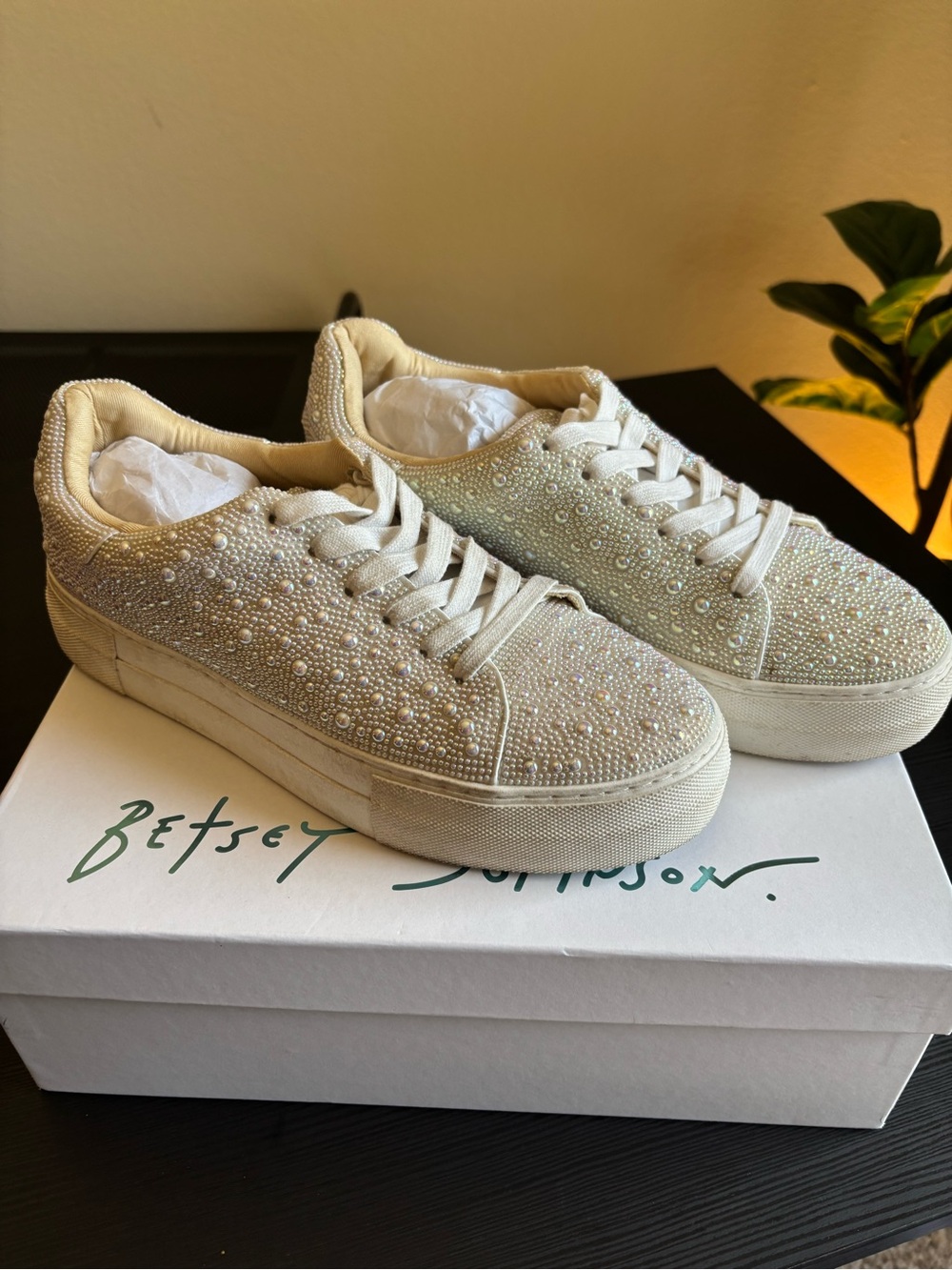 Betsey Johnson Ivory Pearl Embellished Sneakers